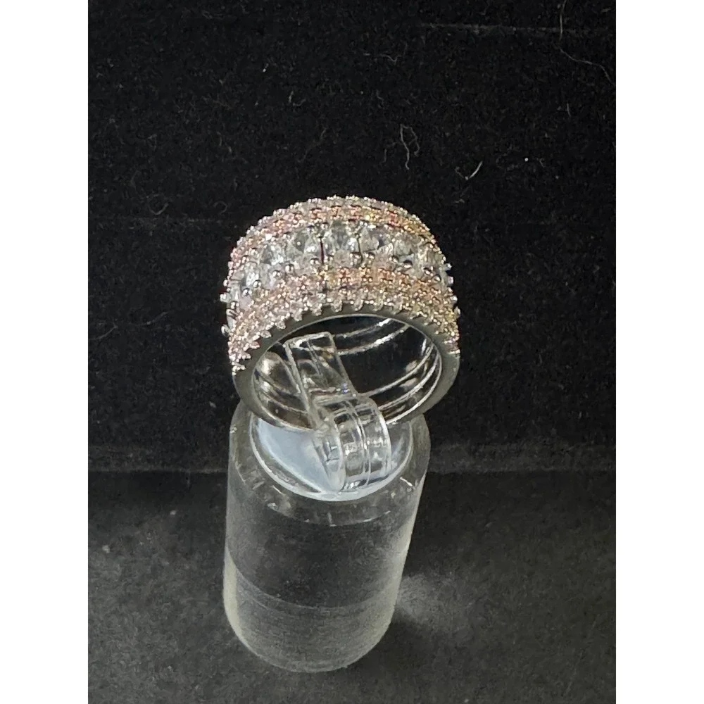 Silver Rose Gold Tone Multi Row Crystal Statement Ring Size 6 Costume Jewelry